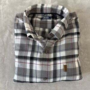 IZOD Mens Gray Plaid Long Sleeve Button Down Flannel Shirt L Casual